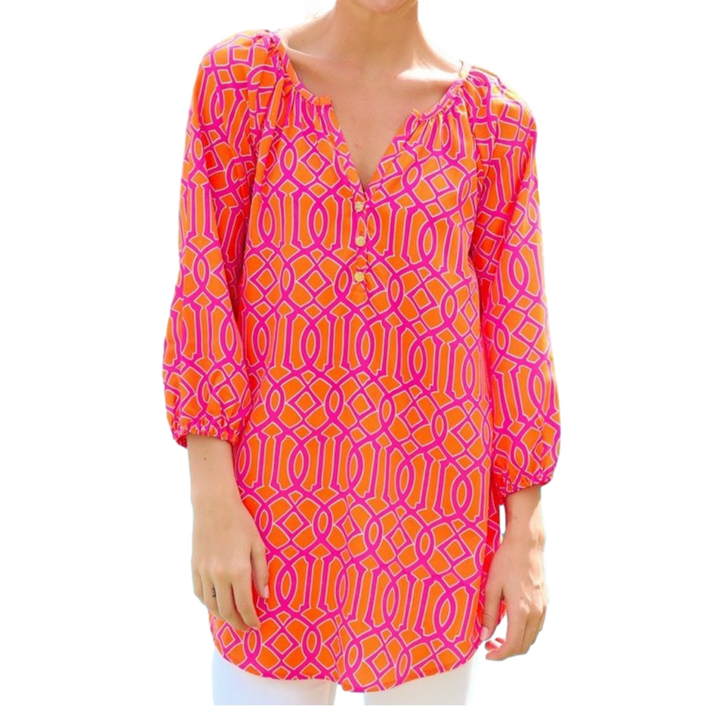 💐MUD PIE orange pink fuchsia tunic blouse  size L (12-14) GUC